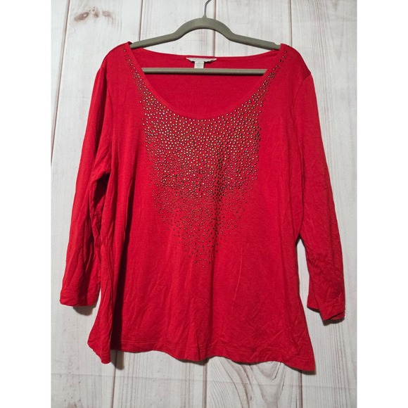 Laura Ashley Tops - Laura‎ Ashley Red Embellished Scoop Neck 3/4 Sleeve Top Women's XL